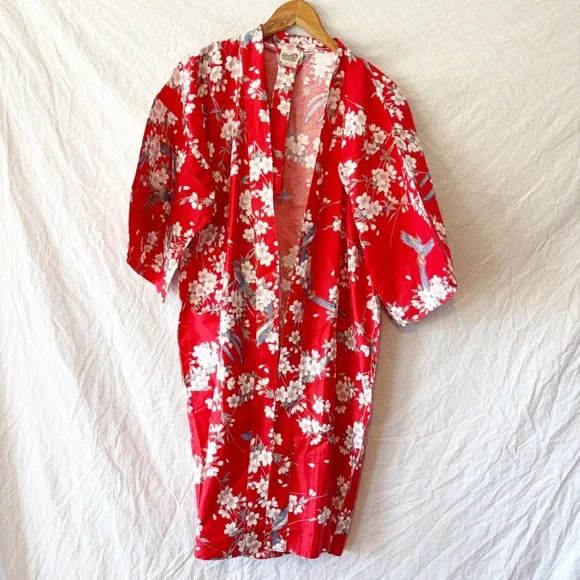 NWOT Vintage 100% Cotton Red Floral Japanese Kimono Robe - Picture 1 of 6